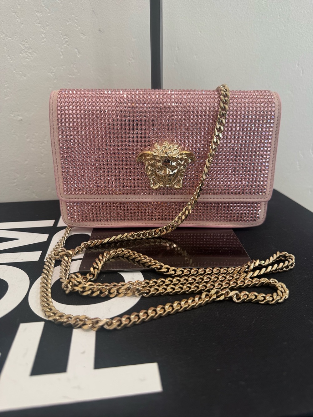 Versace Pink Crystal Medusa Crossbody with Gold Chain